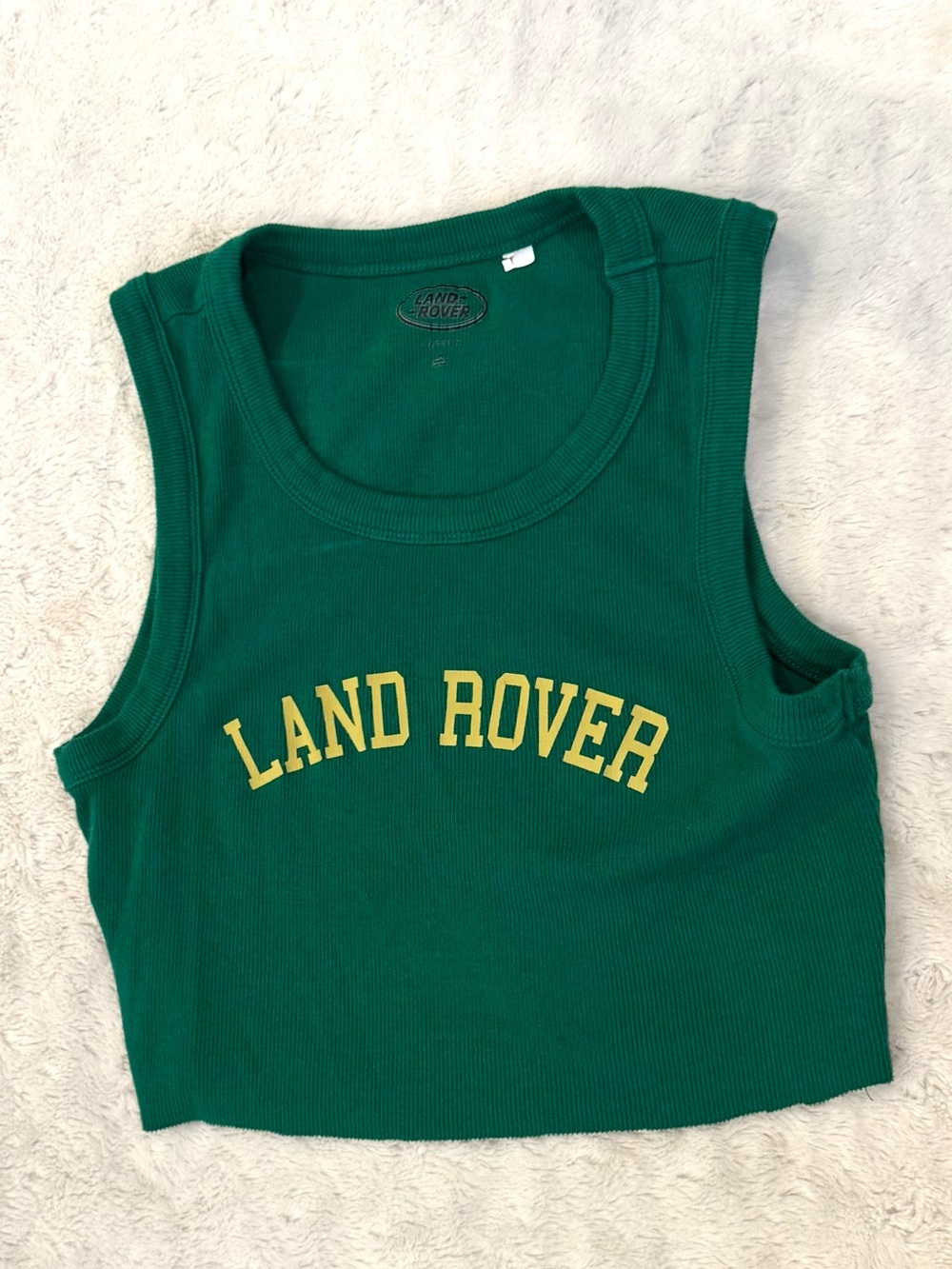 PACSUN Land Rover Green Ribbed Crop Tank with Yellow Logo